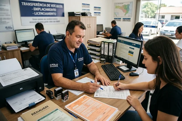 Agente despachante ajudando na transferência de veículo.
