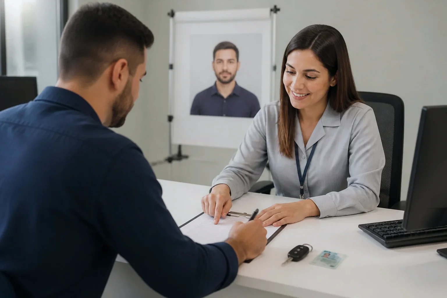 Profissional auxiliando na renovação da CNH.